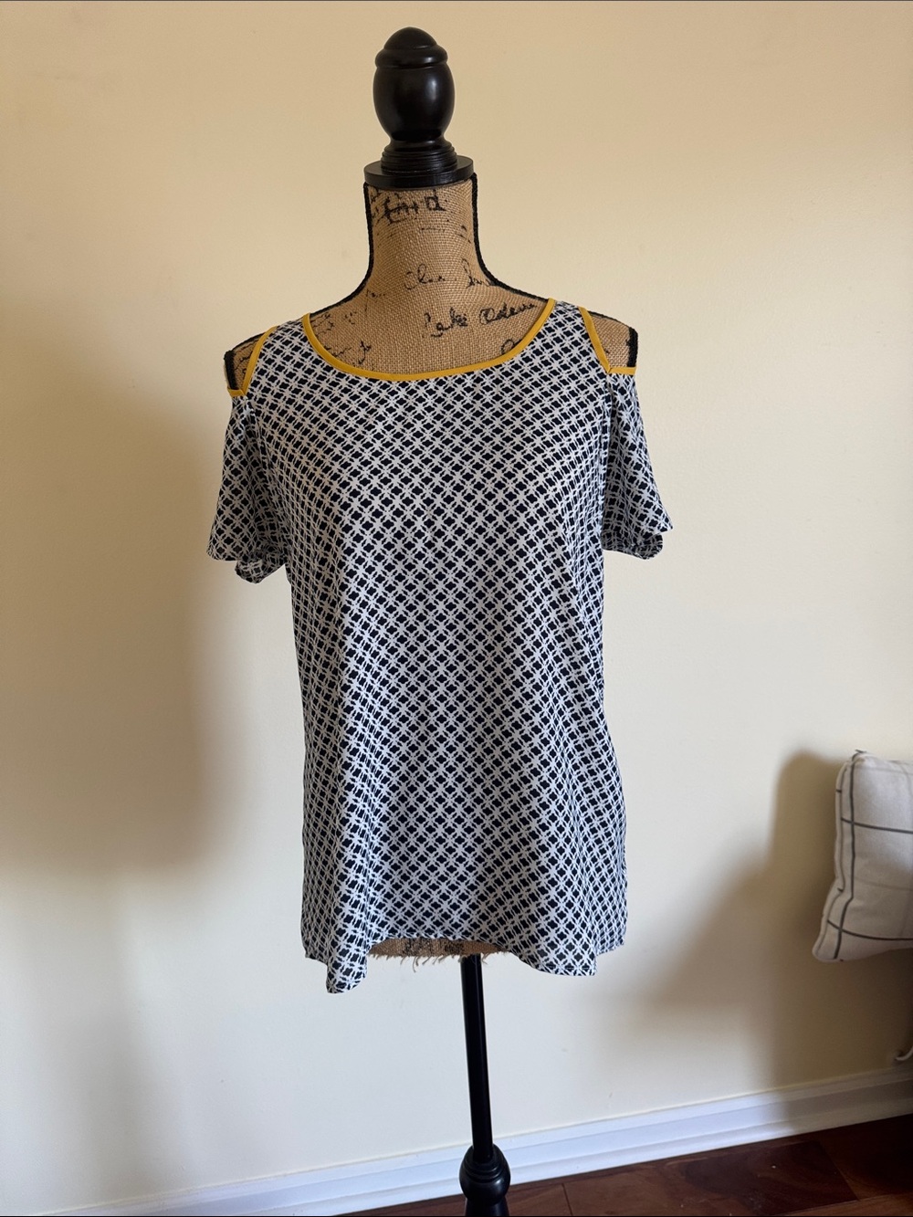 THML Navy & White Geometric Cold-Shoulder Top with Mustard Trim